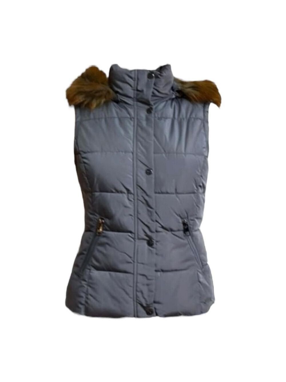 Gray Puffer Vest with Faux Fur Detachable Hood Women’s Size Small
